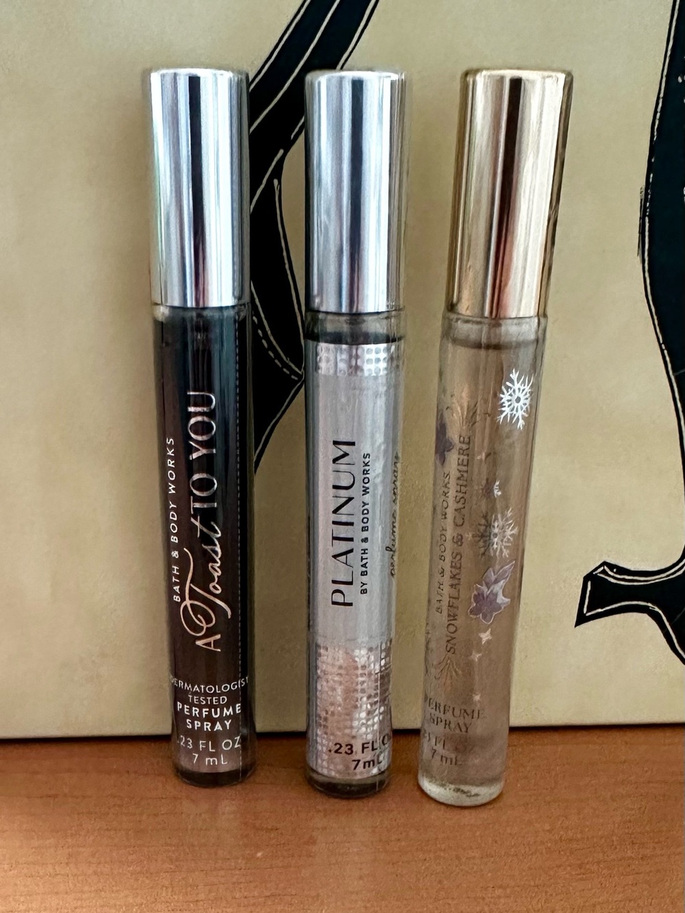 Bath & Body Works 3 Mini Parfum Sprays-A Toast To You, Platinum & Snowflakes